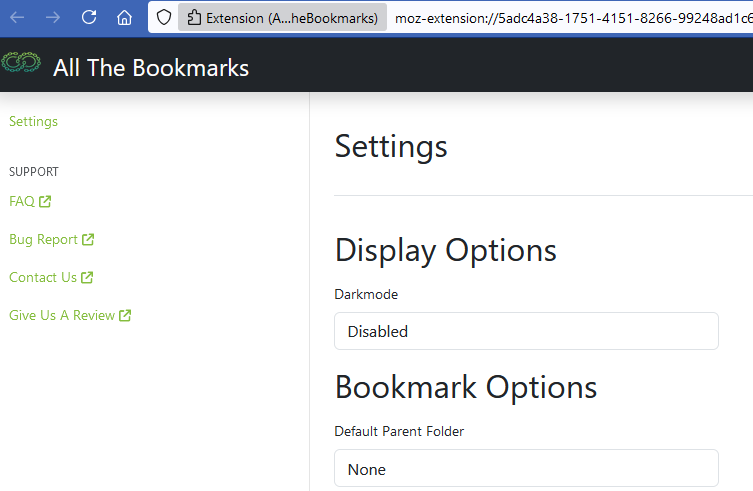 Extension settings page