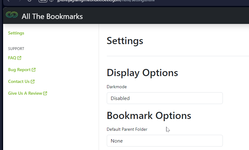 Extension settings page